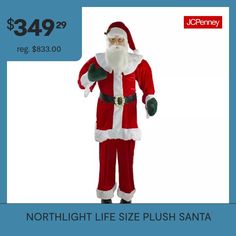 a man dressed as santa claus is standing in front of a white background with the words, $ 34 99 reg $ 33 00