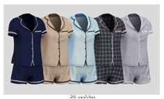 six men's pajamas are lined up in different colors