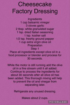 a recipe for cheesecake factory dressing on a purple background with the instructions to make it