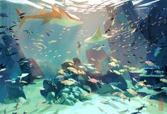 an underwater scene with sharks and fish