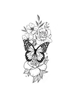 a black and white drawing of flowers with a butterfly on the top of one flower