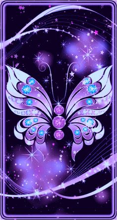 a purple and blue butterfly with stars in the background