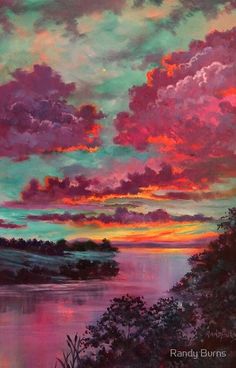 an oil painting of a sunset over a body of water with clouds in the sky