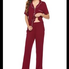 Retail Price: $36.99 ** Without Tag. In New Condition. However There's A Scuffed Mark Which Diameter 2" As Pictured. Two-Piece Sleep Pajama Set Featuring Short Sleeve Top And Long Pants With Side Pockets. The Waistband Is Super Stretchy Runs True To Size The Top Features A Button Front And One Chest Pocket. The Pants Feature A Soft Elastic Waist Band That Is Both Comfortable And Secure. Tops Dimensions: Shoulder 15.7" Sleeve 8.3" Bust 42.5" Length 25.2" Pants Measurements: Waits 28.3" Hip 42.5" Red V-neck Loungewear Set, Red Short Sleeve Sets For Pajama Party, Red Short Sleeve Pajama Party Set, Striped Pjs, Floral Pajama Pants, Womens Flannel Pajamas, Leopard Pajamas, Comfy Pajamas, Satin Pj Set