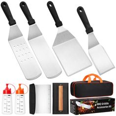 four cooking utensils, one spatula and two bottles