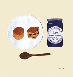 a painting of bread and jam on a plate next to a spoon with a blue jar