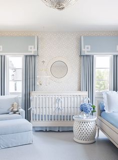 a baby's room with blue and white decor