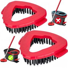 two red and black combs with cleaning tools on them, one has a brush and the other has a mop