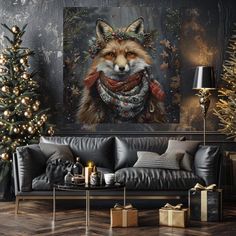 a living room decorated for christmas with a painting of a fox on the wall and decorations