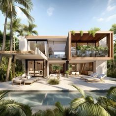 an artist's rendering of a modern house surrounded by palm trees and tropical vegetation