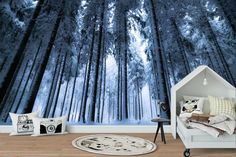 Winter Forest Wall Decal Removable Peel & stick Wallpaper Trees in Snow Mural Self-adhesive Landscape Scenery Living Bedroom Office Décor