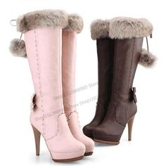 Knee High Brown Platform Fur Bow Knot Decor Boots Thin High Heel Women Shoes Slip-On Pointed Toe 2010 Outfits, Knot Decor, Princess Shoes, 2000s Fashion Outfits, Girly Shoes, Bow Knot, Swag Shoes, Pretty Shoes, Dream Shoes