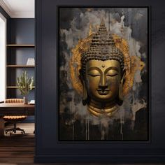 a buddha statue is in the middle of a room with dark walls and wood flooring