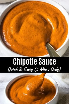 two bowls filled with chipotle sauce on top of a white plate and the words chipotle sauce quick & easy 5 min only