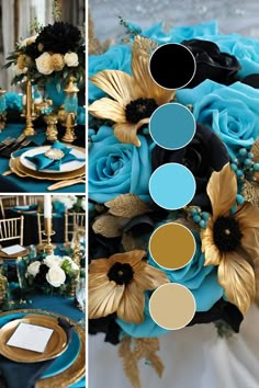 a blue and gold wedding table setting with flowers on the centerpieces, black napkins and white plates