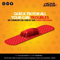 an advertisement for a car repair shop with the words quick fixall your car troubles get complete care by our expert mechanics