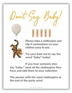 a baby shower poem with an image of a tiger holding a balloon and the words don't say baby