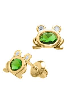 Sparkling frog earrings make a cute keepsake gift for the newest member of the family pond. It's strongly recommended that infants and small children be attended by an adult while wearing jewelry; jewelry should be removed when the infant or small child is left unattended, as it may present a choking hazard Post back Comes in a gift box 14-karat gold/cubic zirconia Made in the USA Kids' Wear Frog Earrings, Wearing Jewelry, Earrings For Girls, Gifts For Babies, Baby Jewelry, Christening Gifts, Earrings In Gold, Yellow Gold Earring, Custom Products