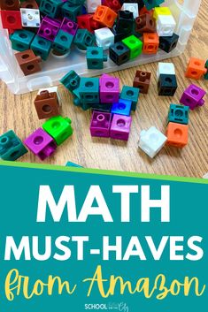 a plastic container filled with legos and the words math must - haves written on it