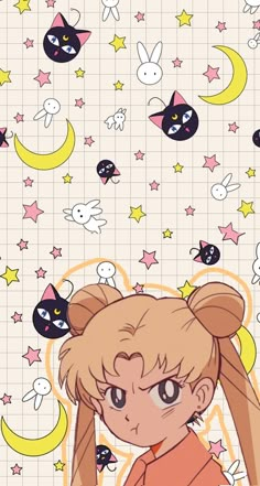 an anime character with many cats and stars on the wall behind her is looking at something