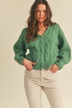 The Tiny Details Rosemary Green Cable Knit Cardigan Knit Puff Sleeve, Rosemary Green, Puff Sleeve Cardigan, Semi Cropped, Cable Knit Sweater Cardigan, Puff Sleeve Sweater, Rib Knit Cardigan, Chunky Cable Knit, Cable Knit Cardigan