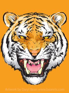 a tiger with its mouth open and it's teeth wide open, on an orange background