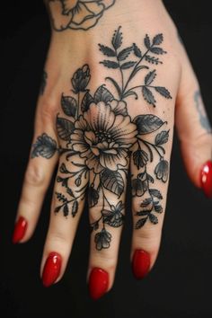 A hand with a detailed floral tattoo and red painted nails against a black background. Finger Tattoo Designs For Women, Poppy Tattoo Ideas, Future Artwork, Womens Tattoo Sleeve, Finger Tattoo Ideas, Unique Butterfly Tattoos, Small Heart Tattoos, Finger Tattoo Designs, Cartoon Character Tattoos