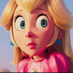 a close up of a cartoon character with big blue eyes and blonde hair, wearing pink