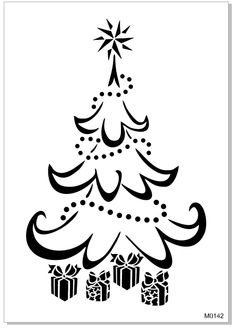 a black and white christmas tree with presents on it's bottom, in the shape of a star