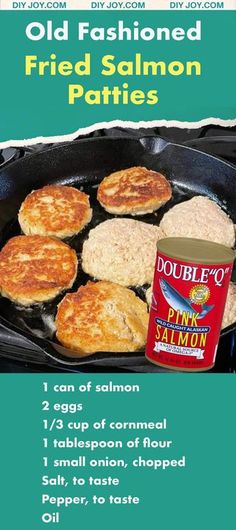 an old fashioned fried salmon patties recipe in a cast iron skillet with instructions