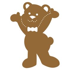 a brown teddy bear with a bow tie on it's head and hands in the air