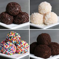 four different types of desserts on white plates with sprinkles and chocolate