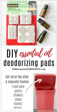 DIY essential oil deodorizing pads, gets rid of stinky smells and odors, fresh scent of essential oils for trash cans, closets, shoes, shoe bins, kids rooms, bedrooms, pantry, drawers, all deodorized using essential oils. Homemade DIY essential oil recipe, Young Living, doTERRA, Plant Therapy. Diy Essential Oil Recipes, Diy Essentials, Deodorizing, Homemade Cleaning Products, Essential Oil Diffuser Blends, Young Living Oils, Cleaning Recipes, Diy Essential Oils, Essential Oil Uses