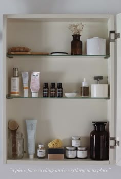 the shelves are filled with different types of skin care products