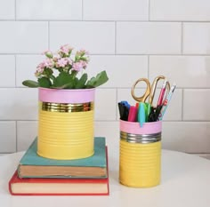 two tin cans with pens, pencils and scissors in them sitting on top of books