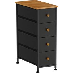 a black cabinet with three drawers and two wooden knobs on the bottom shelf, against a white background