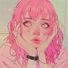 a girl with pink hair and freckles on her face