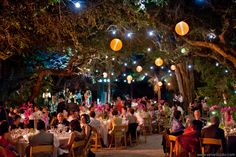 a group of people sitting at tables under trees with lights hanging from the branches above them