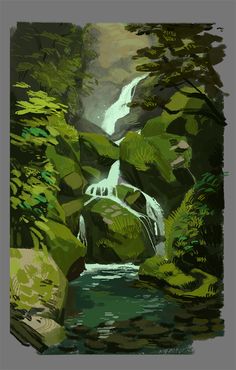 a painting of a waterfall surrounded by trees