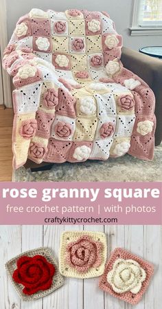 a crochet granny blanket and two pictures of the same afghan, with text that reads rose granny square free crochet pattern with photos