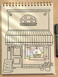 a drawing of a store front with an awning and potted plants on the outside