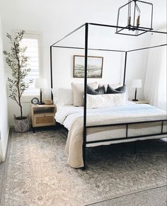 a bedroom with a canopy bed and rug on the floor