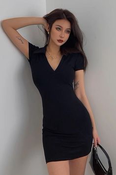 Body Con Dress Outfit, Short Sleeved Dress, Short Bodycon Dress, Black Dress With Sleeves, Grey Outfit, Sleeved Dress, Black Bodycon Dress, Girls Fashion Clothes, One Piece Dress