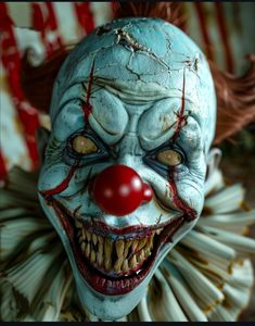 a creepy clown with red nose and white teeth