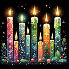 colorful candles with christmas decorations on them