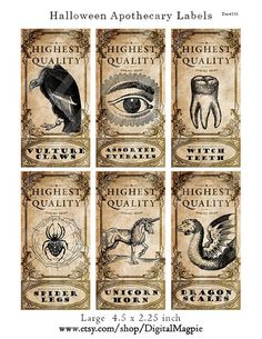 four different types of labels with an owl, raven, and other animals on them