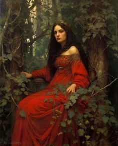 a painting of a woman in a red dress sitting on a tree branch with leaves around her