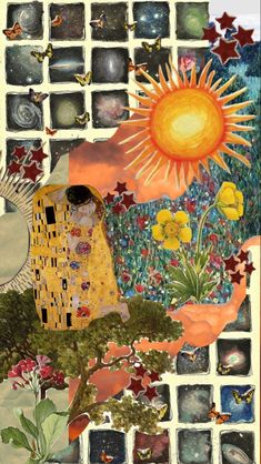 an altered collage of images with flowers, plants and the sun in the background