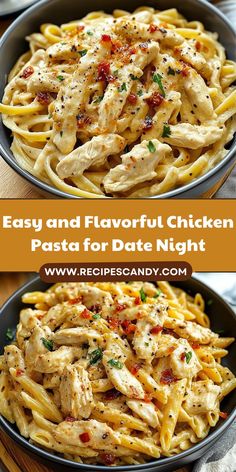 two plates with pasta and chicken on them