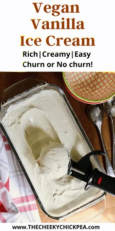 an ice cream recipe in a pan with spoons and utensils next to it